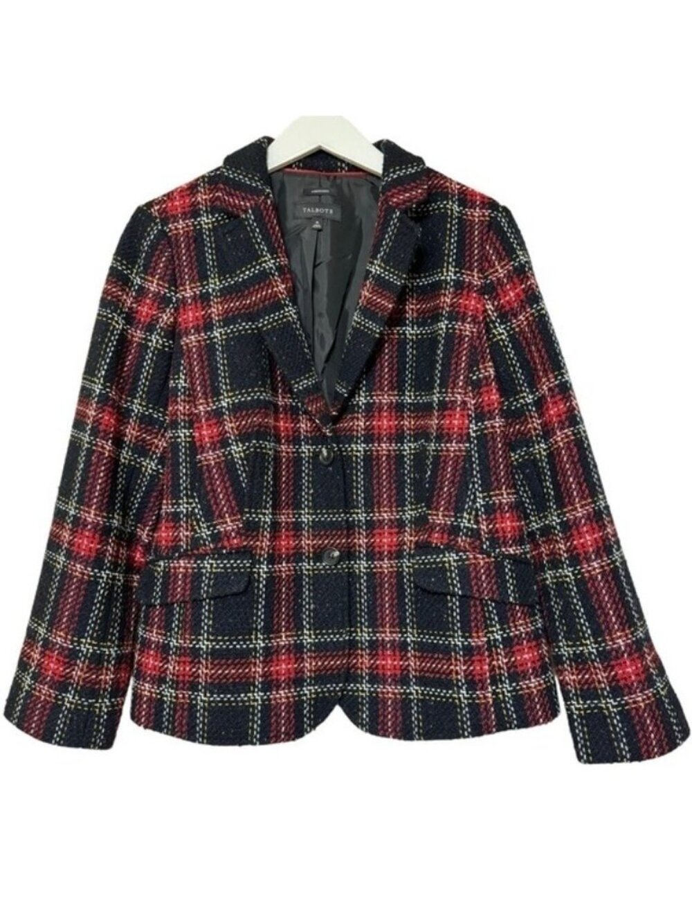 Talbots Wool Blazer Jacket Sz 16 Aberdeen Blend Red Black Tartan Plaid Multi
